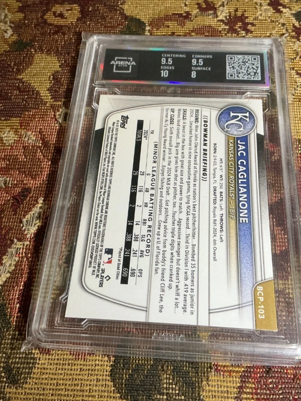 2025 Bowman BCP-103 Jac Caglianone Chrome Prospects Graded Rookie card Arena 8.5
